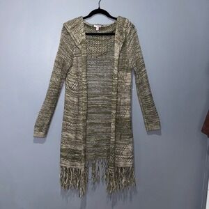 Bongo Cardigan Sweater Women XL Green Knit Hooded Fringe Boho Longline Festival